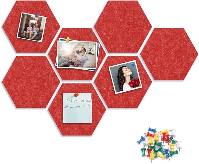8 Packs Red Hexagon Felt Pin Board, 12" Bulletin Board with 30 Push Pins, Felt Board for Home Kitchen Office Decor, Self-Adhesive Corkboard Tiles for Walls School Message Photos Memos