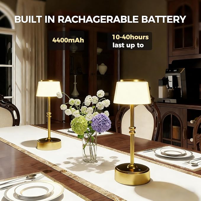LED Cordless Lamp, 5 Colors Stepless Dimming Table Lamp, Built-in 4400mAh Rechargeable Battery with USB Charging Port, Portable Touch Bedside Light for Patio, Restaurant, Dining (1, Gold)