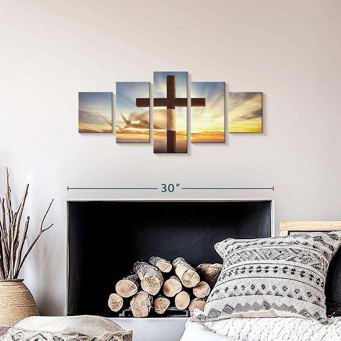 Elephant Stock Holy Cross Wall Art Multi Piece Canvas - 5 Panel Christian Pictures Decor - Digital Design Canvas Print - Christian Wall Decor - 29" X 12"