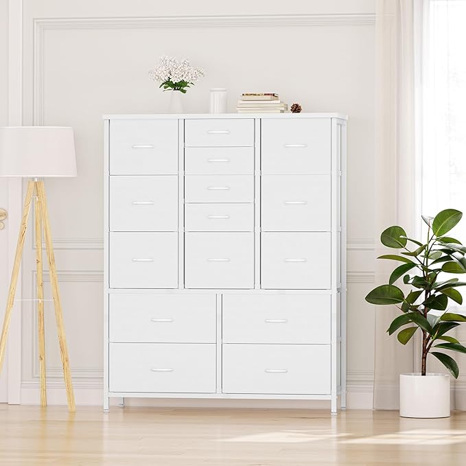 GarveeHome 15 Drawers Dressers, Chest of Drawers with Wood Tabletop, Metal Frame, Storage Organizer Unit with Fabric, Tall Dressers for Bedroom Living Room Hallway Entryway, White