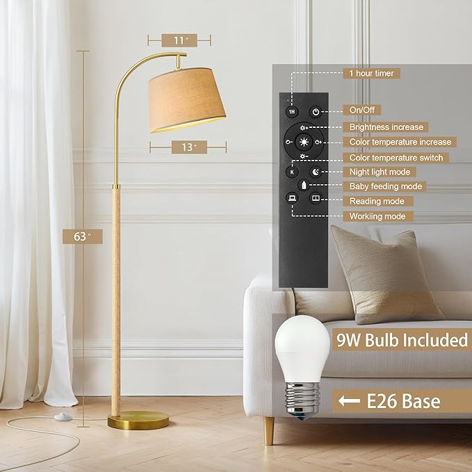 63" Wood Floor Lamp for Living Room Dimmable Standing Lamp with Remote & Foot Switch, 3 Color Temperatures Tall Lamp Mid Century Modern Floor Lamp for Bedroom Office, 9W Bulb Included, Natural Wood
