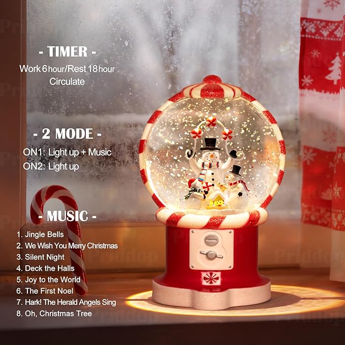 Snowman Snow Globe Christmas Classic Candy Vending Machine Shape Gifts USB/Battery Musical Glitter Snowfall USB/Battery Timer Christmas Decorations Indoor 7.8 inch