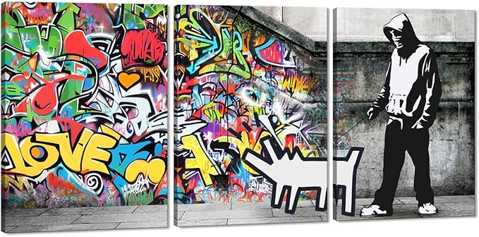 Novatique Classic Graffiti Wall Art Banksy Canvas Wall Art Street Pop Art Framed Ready to Hang Colorful Graffiti Picture Wall Decor for Living Room Bedroom, 20" x 28" x 3Pcs