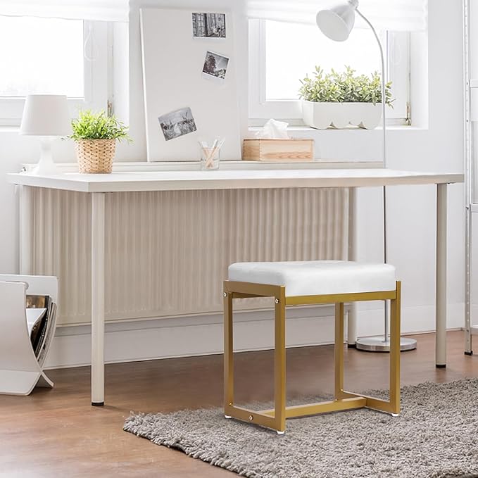 Faux Fur Vanity Stool Chair, Vanity Chair with Gold Metal Leg, Furry Soft Padded Makeup Footstools Seat Ottoman, Modern Chairs for Makeup, Bedroom, Square Small Stool Bench for Vanity White&Gold