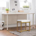 Faux Fur Vanity Stool Chair, Vanity Chair with Gold Metal Leg, Furry Soft Padded Makeup Footstools Seat Ottoman, Modern Chairs for Makeup, Bedroom, Square Small Stool Bench for Vanity White&Gold