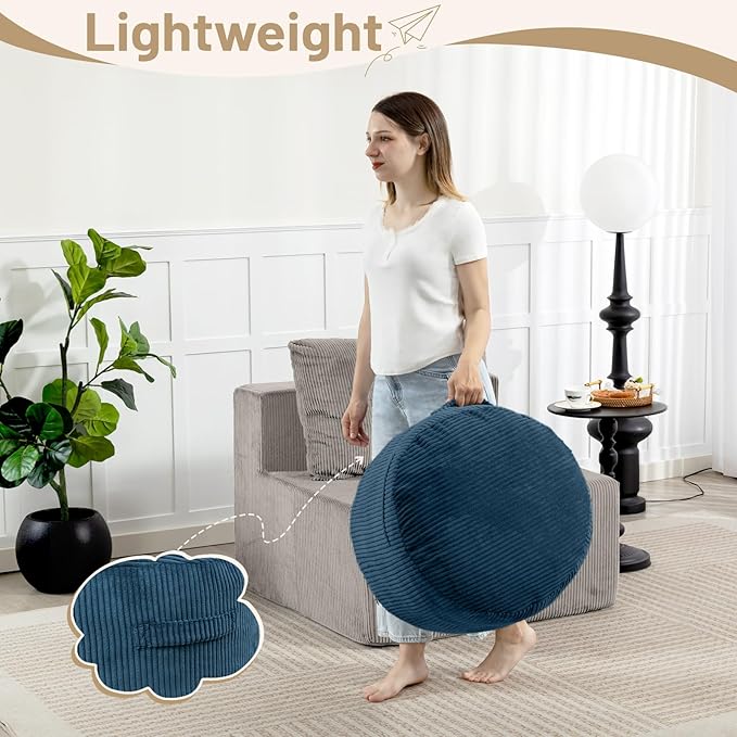 Round Stuffed Pouf Ottoman,Corduroy Foot Rest with Rebound Foam Filled, Furry and Fluffy Foot Stool Ottoman,26"*18" Floor Poufs for Living Room (Blue, 26" D x 26" W x 18" H)