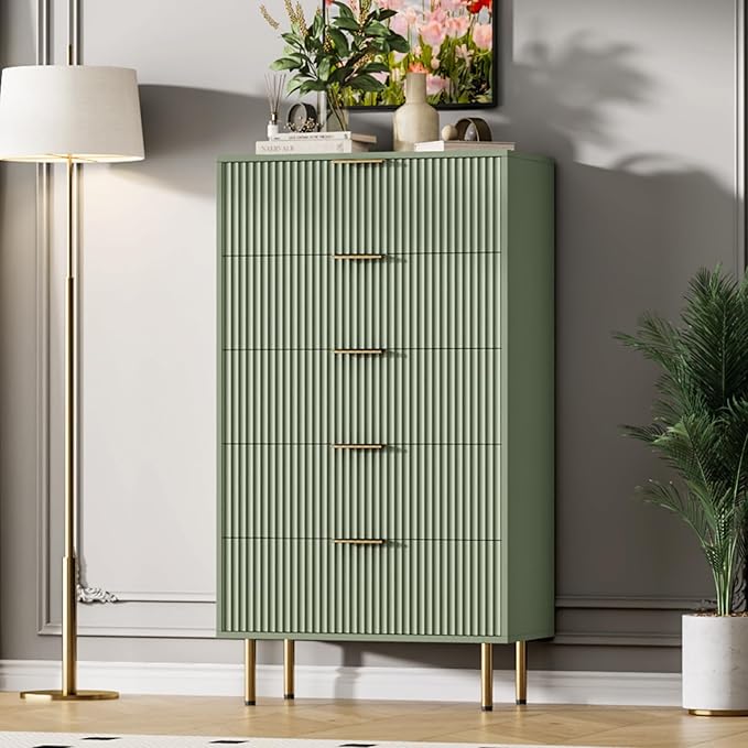 GarveeHome 5 Drawers Dresser for Bedroom, Fluted Dresser Chest of Drawers with Handle, Wood Modern Dressers for Closet, Bedroom Furniture Storage Organizer for Living Room, Hallway