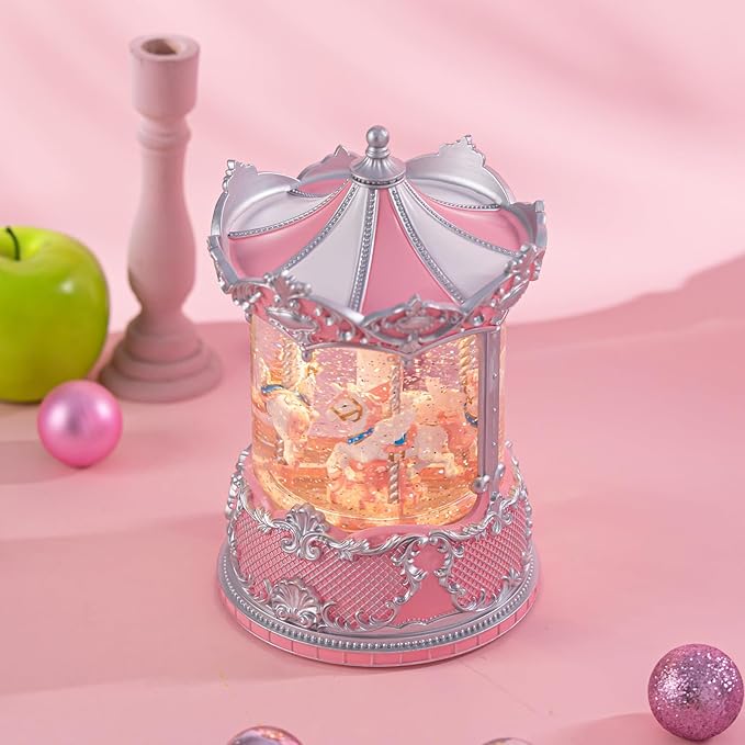 Snow Globe Lantern with Carousel–Shatterproof 8 Songs Musical Box Automatic Snowfall Led Light, USB&Battery Powered,Merry-Go-Round for Valentine’s Day Gift Present Birthday Home Decoration,Silver&Pink