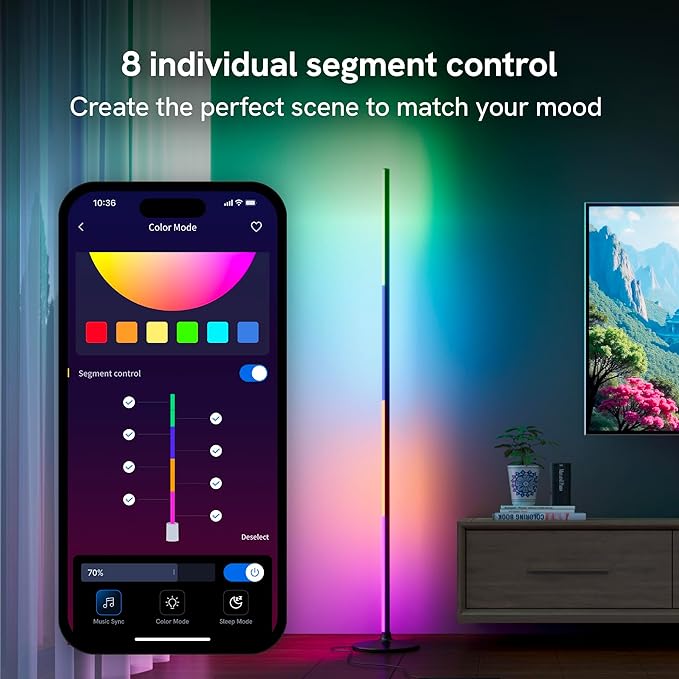 Aura RGBICW Floor Lamp, Ambient Lighting LED Corner Light App & Voice Control with Music Sync 1000 Lumen 4-Billion Colors, 90+ CRI, Preset & Custom Colors & Scenes, Modern Floor Lamps for Living Room