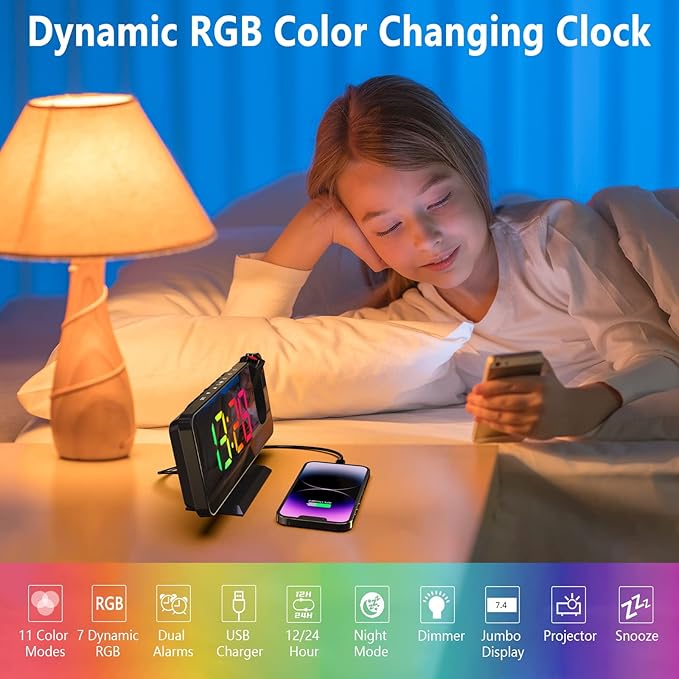 Projection Alarm Clock for Bedroom Ceiling, 180° Rotatable Projector 7.4” Mirror RGB Digital LED Display 12/24H, 5 Level Brightness Dimmer, Dual Alarm Clock (Black)