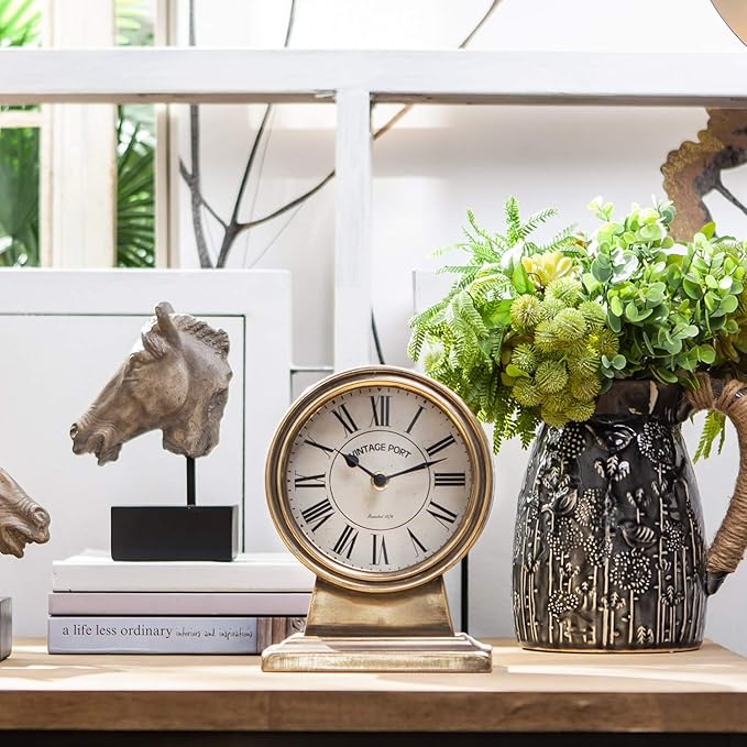 NIKKY HOME Vintage Gold Mantle Clock, Silent Non-Ticking Battery Operated Rustic Table Desk Shelf Clock for Living Room Decor