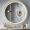 28 Inch Wall-Mounted Round Bathroom Mirror with LED-Lights - Frame Vanity Mirrors (28" x 28", Gold)