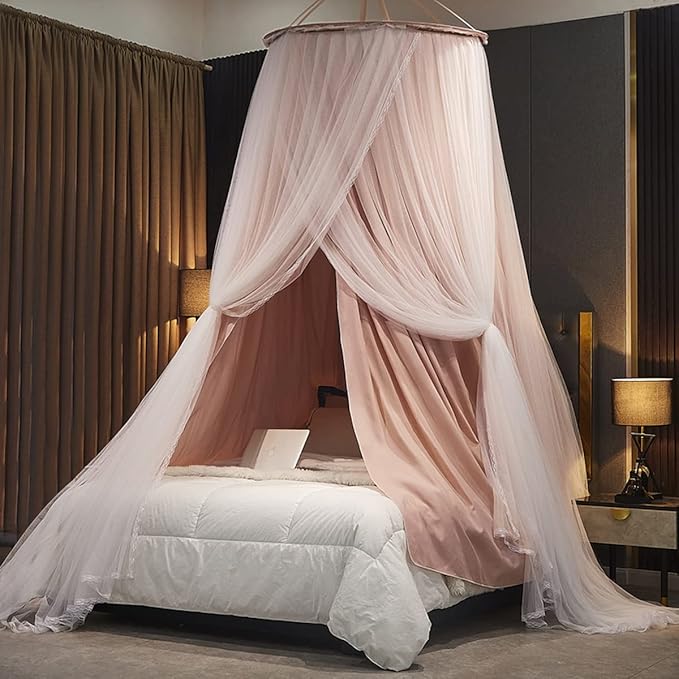 Kertnic Luxurious Bed Canopy for Girls & Adults - Double Layer Princess Canopy with Lace, Round Dome Mosquito Netting for Queen/King Bed Tent (Pink)