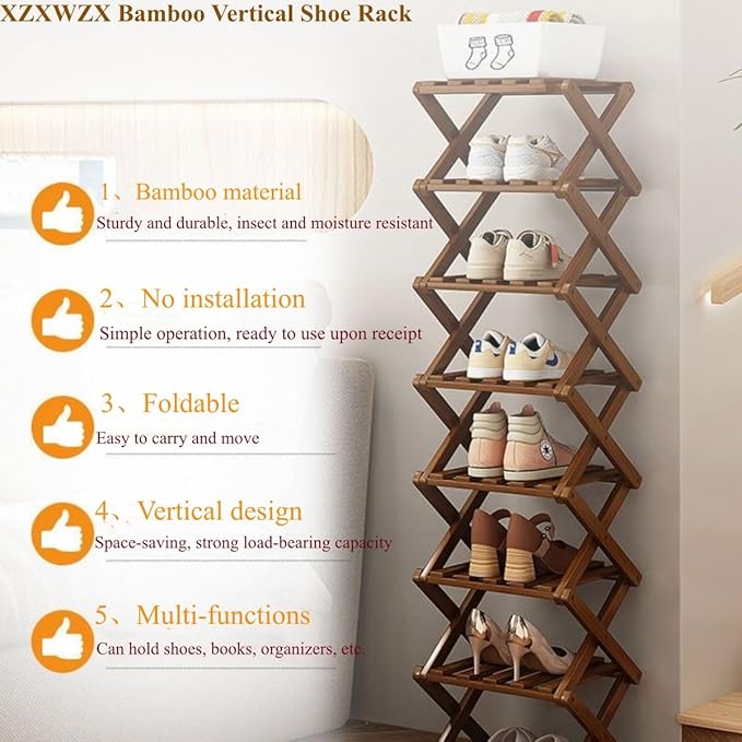 Foldable Shoe Rack, Bamboo Vertical Shoe Organizer Tall for Small Spaces. Multifunctional Narrow Shoe Shelf for Entryway, Closet, Corner, Bedroom, Hallway, Brown Color 5 Layers