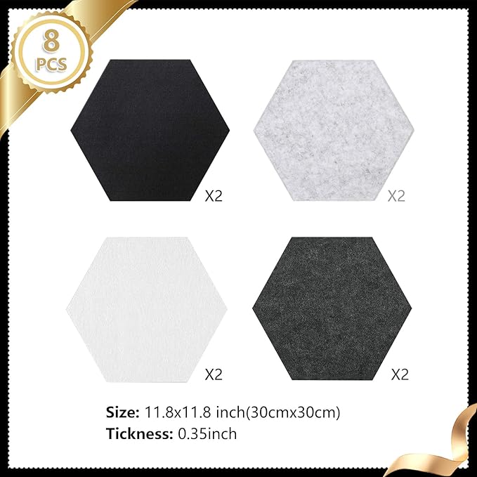 8 Packs Black White Gray Hexagon Felt Pin Board, 12" Bulletin Board with 30 Push Pins, Felt Board for Home Kitchen Office Decor, Self-Adhesive Corkboard Tiles for Walls School Message Photos Memos