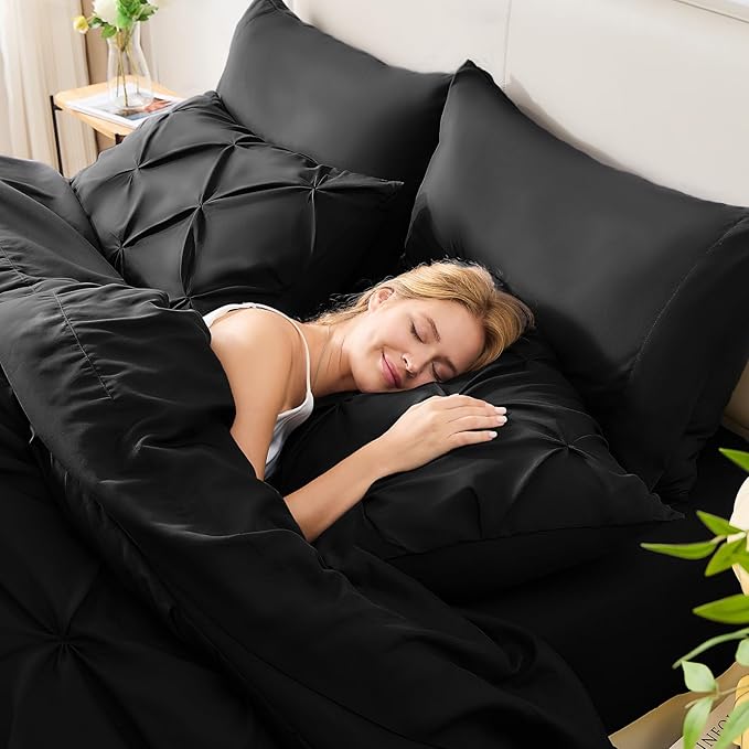 CozyLux Twin XL Comforter Set Black, 5 Pieces Twin Extra Long Pintuck Bed in A Bag for College Dorm, Pinch Pleat Bedding Set with Comforter, Sheets, Pillowcase & Sham