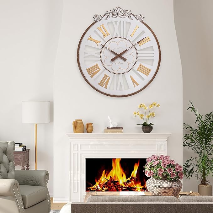 24 Inch Large Farmhouse Wall Clock - Rustic Antique Wood with Metal Circle & Engraved Numerals, Silent Battery Operated Clock for Living Room, Office, Kitchen, Bedroom