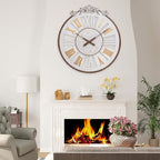 24 Inch Large Farmhouse Wall Clock - Rustic Antique Wood with Metal Circle & Engraved Numerals, Silent Battery Operated Clock for Living Room, Office, Kitchen, Bedroom