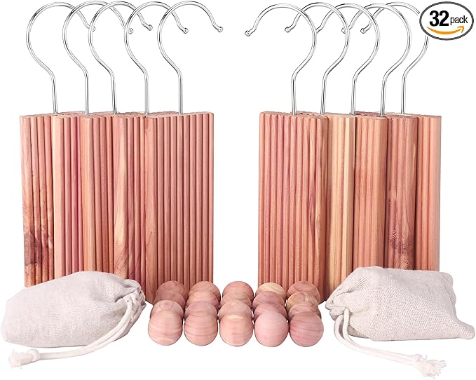 Cedar Blocks for Clothes Storage, Hang Ups 10pcs Cedar Balls 20pcs and Chip Bags 2pcs for Closet Storage Totally 32PCs