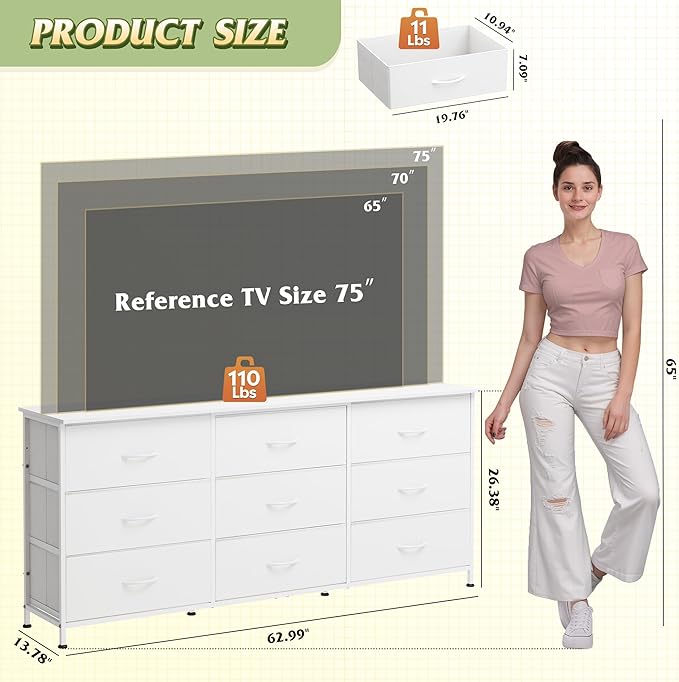 WLIVE 63''W Dresser for Bedroom, White Dresser TV Stand for 65, 70, 75 inch TV, Wide Chest of Drawers with 9 Drawer, Large Entertainment Center, Fabric Dressers with Wood Top for Closet, Living Room