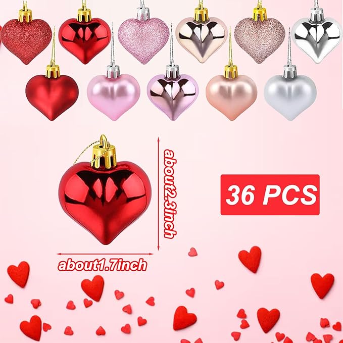 36 Pcs Valentine Heart Shaped Ornaments, Rose Gold Silver Pink Red Heart Ornaments for Mother's Day Christmas Wedding Anniversary Valentines Day Hanging Decorations