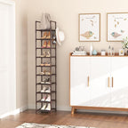 Tall Shoe Rack 10-Tier Narrow Shoe Shelf Storage for 10-15 Pairs Shoe and Boot, Sturdy Shoe Storage Space Saving Corner Shoe Rack Organizer for Closet, Entryway, Living Room, Brown
