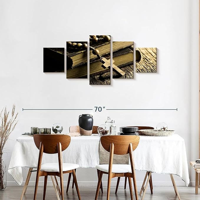 Elephant Stock Bible And Cross Wall Art Multi Piece Canvas - 5 Panel Christian Pictures Decor - Digital Design Canvas Print - Christian Wall Decor - 55" X 24"