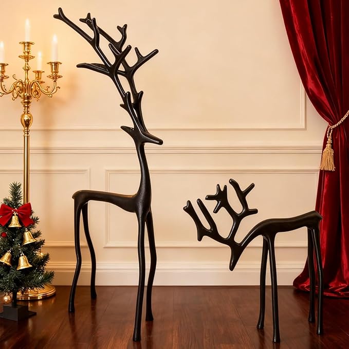 2026 New 2 Pcs Black Metal Reindeer, Black Metal Reindeer Christmas Decoration, European-Style Modern Aluminum Alloy Xmas Figurines, Indoor Holiday Statues for Mantel, Bedroom, Office Table (#B)