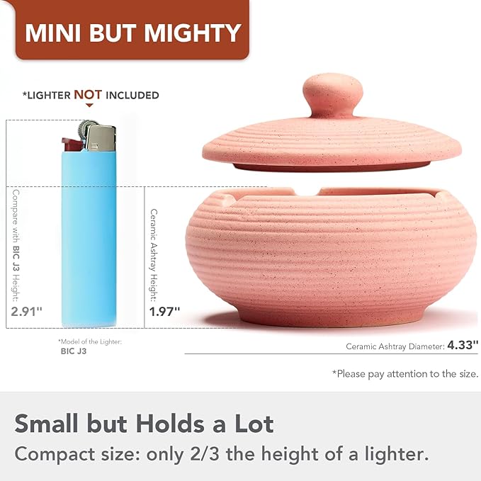 Ashtray with Lid for Outside Patio, Windproof Ash tray, Ceramic Smokeless Ashtray for Outdoor Home Office Tabletop Patio Outdoor Balcony, Pink