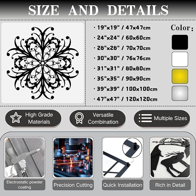 Maclou Geometric Metal Wall Art, Wrought Iron Wall Decor, Metal Scroll Wall Decor, Vintage Farmhouse Wall Hanging for Living Room, Bedroom, Bathroom (Silver,35"x35" / 90x90cm)