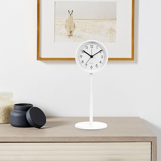 QIYAODECO® 3.2" Analog Alarm Clock,Small Retro Desk Clock Battery Operated,Slient Metal Table Clock with Light for Living Room Decor,Bedroom,Bedside,Shelf (White)