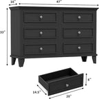 GarveeHome Farmhouse Black Dresser for Bedroom with 6 Drawer, Double Dresser TV Stand with Vintage Handle, Wide Wood Dressers & Chests of Drawers, 6 Drawer Dressers for Bedroom, Living Room, Hallway
