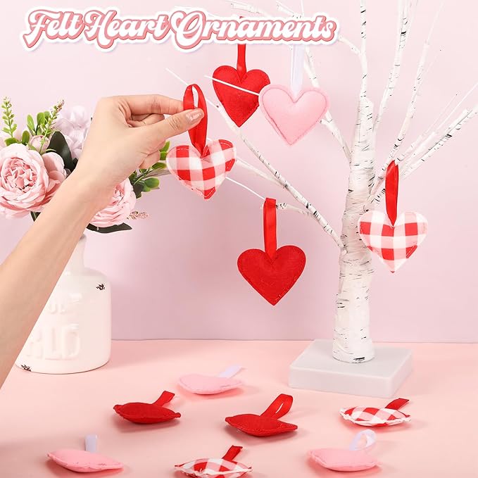 Syhood 12 Pcs Valentine's Day Felt Heart Ornaments Hanging Tree Decor for Wedding, Anniversary, Christmas Party Supplies, Winter Home Decorations(Pink and Red,Elegant Style)