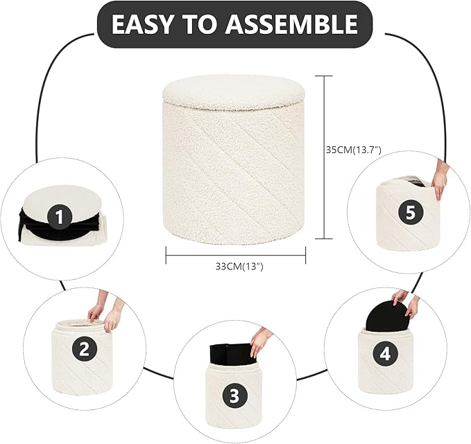 13" Foldable Boucle Round Storage Ottoman,Space-Saving Footrest/Seating/Coffee Table for Small Apartments,Dorms & Bedrooms-White