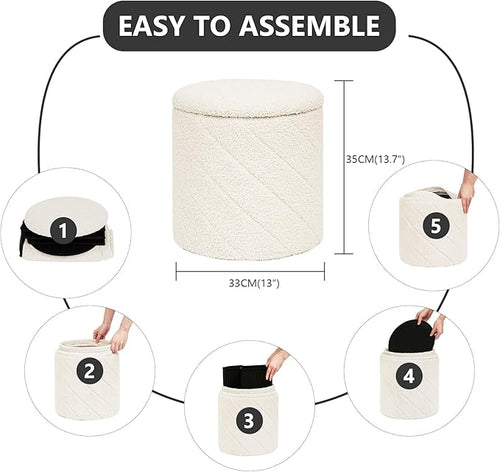 13" Foldable Boucle Round Storage Ottoman,Space-Saving Footrest/Seating/Coffee Table for Small Apartments,Dorms & Bedrooms-White