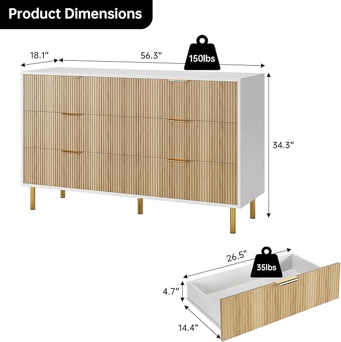 GarveeHome Dresser for Bedroom, Modern Chest of Drawers with Large Drawer, 6 Drawer Dresser with Gold Handles, Wood Storage Cabinet Organizer for Living Room, Hallway, Entryway, Natural