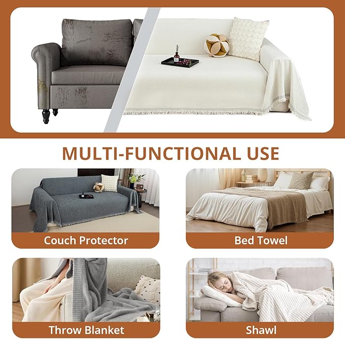 Couch Cover for Dogs, Non Slip Sofa Cover, Washable Couch Covers, 2 Cushion Sofa for Dogs Furniture Protector with Tassels Chenille Sofa Covers for Pets (Vertical Grain Beige)