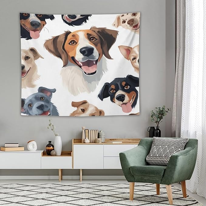 VUMIVI Cartoon Dog Tapestry Black & White Pet Dog Heads Cute Illustration Modern Creative Design Tapestry Wall Hanging for Living Room Bedroom Dorm Classroom Aesthetic Decor W60xL50in