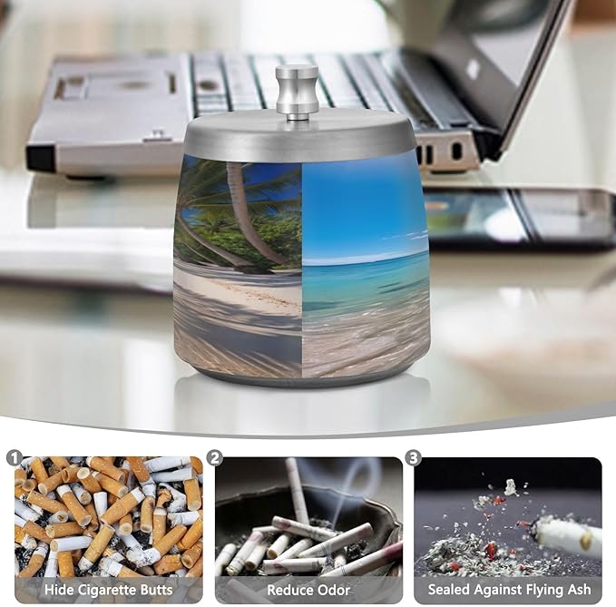 Hawaii Beach Sea Ashtray with Lid, Outdoor Ashtrays for Patio, Stainless Steel Ashtray Odorless Smokeless for Home Office Balcony