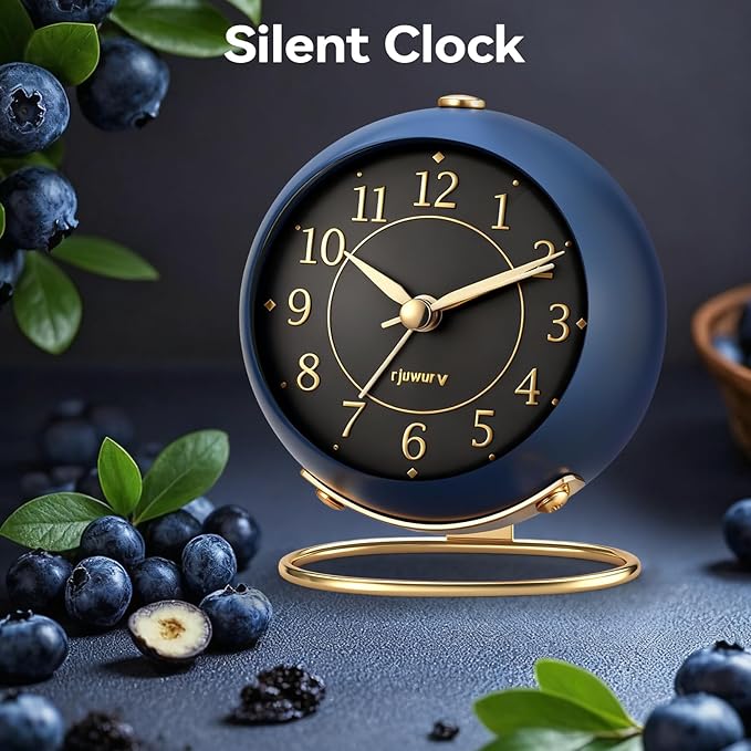 Metal Desk Alarm Clock, Retro Bedroom Table Vintage Analog Silent Non-Ticking Gold Alarm Clock, Bedside Decor(Navy Blue)