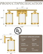 3-Light Brushed Gold Bathroom Light Fixtures with Milk Frosted Glass, 21" Modern Bathroom Vanity Lighting Fixtures Over Mirror with Metal Cage, Wall Sconce Lights for Bath, E26, OS-3014BGW-3W