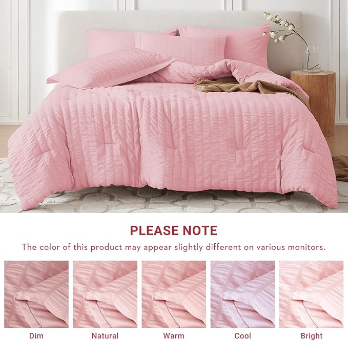 MUXHOMO 7 Pieces Queen Comforter Set, Seersucker Bed in a Bag Queen Size, All Season Luxury Bedding Set with Comforter, Flat Sheet, Fitted Sheet, Pillowcases & Shams, Pink