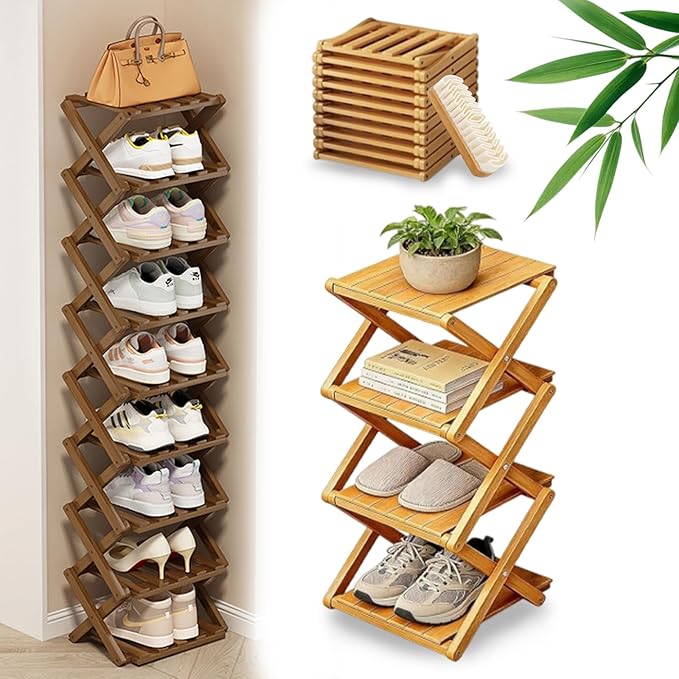 DDRIC 9-Tier No-Assembly Bamboo Rack, 2026 Upgraded Foldable Corner Shoe Rack, Space-Saving Organizer for Shoes, No-Tool Narrow Shelf for Entryway Closet Dorm (Nuture,4-Tier)