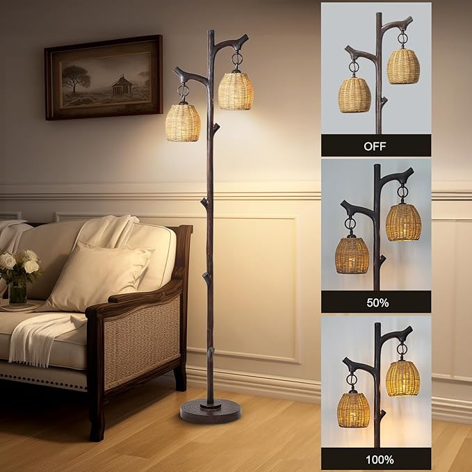 Scenekoy 68" High Farmhouse Rustic Country Cottage Floor Lamp Tree Trunk Faux Wood Column Dark Bronze Wicker Drum Shade Decor for Living Room Bedroom Reading Room