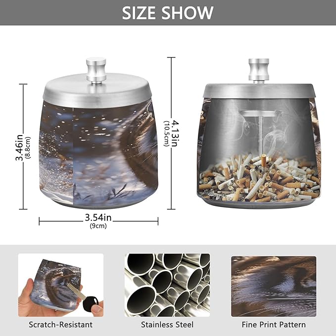 Tiger Snow Ashtray with Lid, Outdoor Ashtrays for Patio, Stainless Steel Ashtray Odorless Smokeless for Home Office Balcony