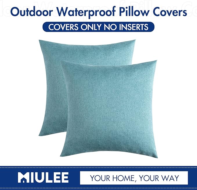MIULEE Pack of 2 Decorative Outdoor Solid Waterproof Throw Pillow Covers Euro Sham Faux Linen Garden Farmhouse Coastal Cushion Cases for Summer Patio Tent Balcony Couch Sofa 22x22 Inch Turquoise