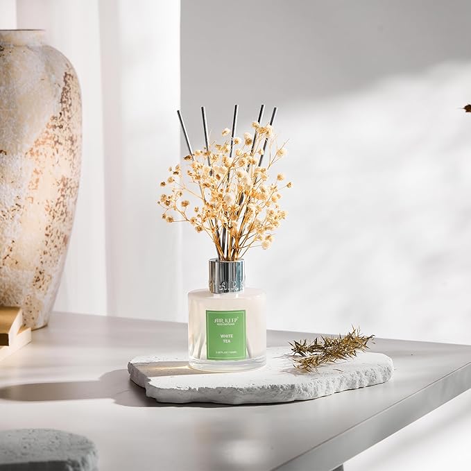 Airkeep Reed Diffuser Set,3.38 fl oz (100 ml) - White Tea Oil Diffusers with 8 Reed Sticks, Home Fragrance Reed Diffuser for Bathroom Shelf Decor