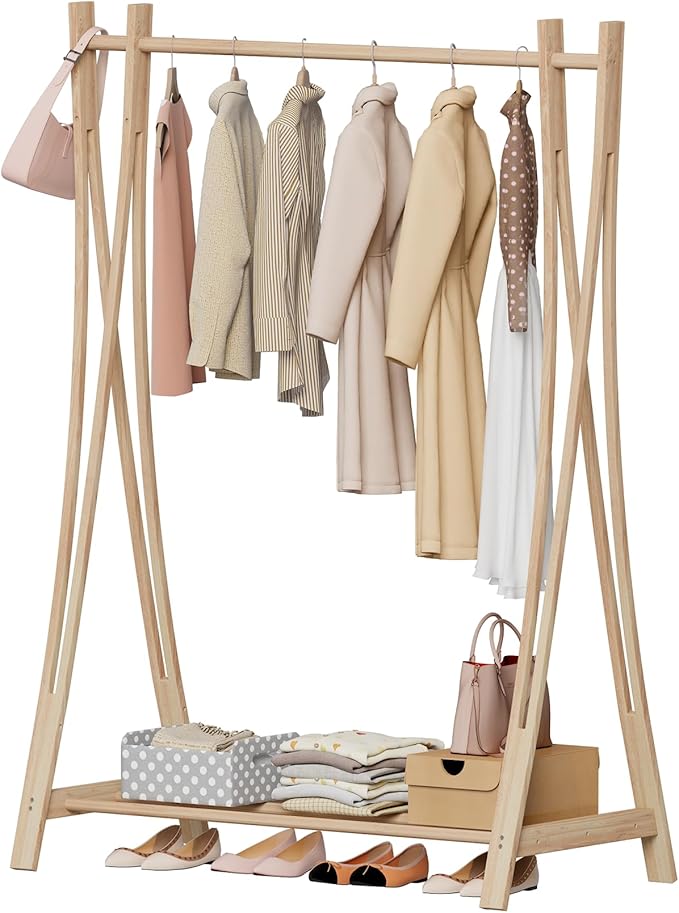 Wooden Retail Display Hanging Clothes Rack with Storage Shelf, 40" W x 57" H Freestanding Heavy Duty Clothing Drying Garment Rack for Hanging Clothes, Coat, Dress, Shirt, Hat