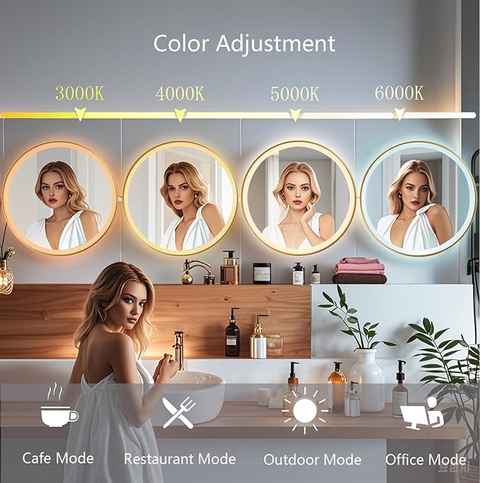 28 Inch Wall-Mounted Round Bathroom Mirror with LED-Lights - Frame Vanity Mirrors (28" x 28", Gold)