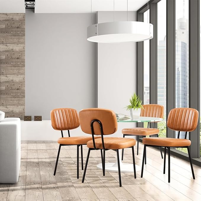 Dining Chairs Set of 2, Mid Century Modern Upholstered Kitchen Chair with PU Leather Cushion Seat & Metal Legs for Home/Living Room/Bedroom/Office-Brown
